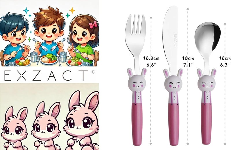 Exzact Children Flatware Pink Rabbit 6pcs Stainless Steel, Kids Silverware Toddler Utensils - BPA Free, Dishwasher Safe, 24M+ - Image 3